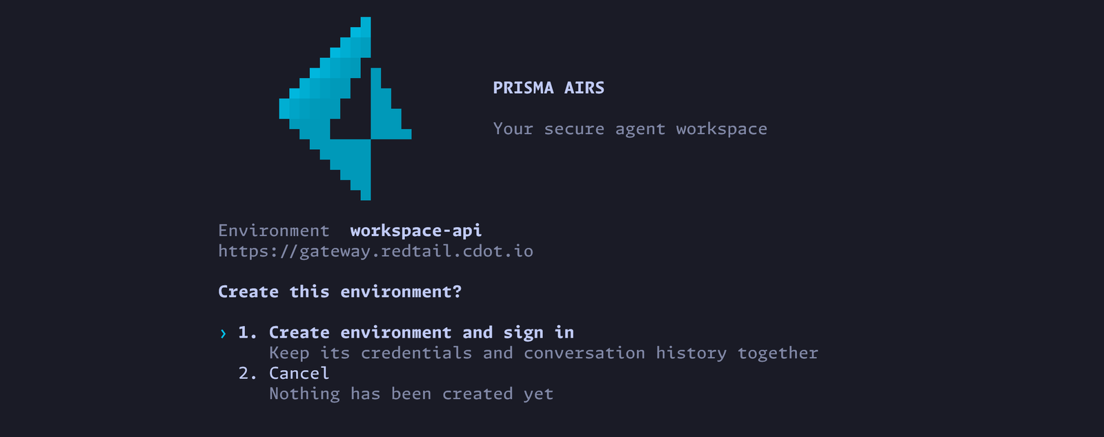 The Create this environment screen showing the environment name and gateway URL, with Create environment and sign in selected.
