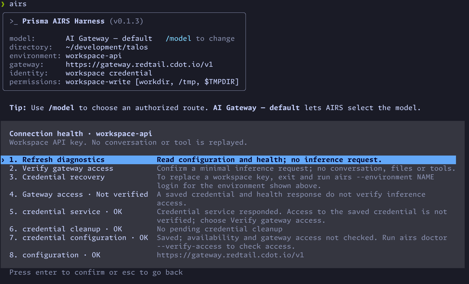 The Connection health view for the workspace-api environment, with the actions Refresh diagnostics, Verify gateway access and Credential recovery, followed by status lines for gateway access, the credential service, credential cleanup, credential configuration and configuration.