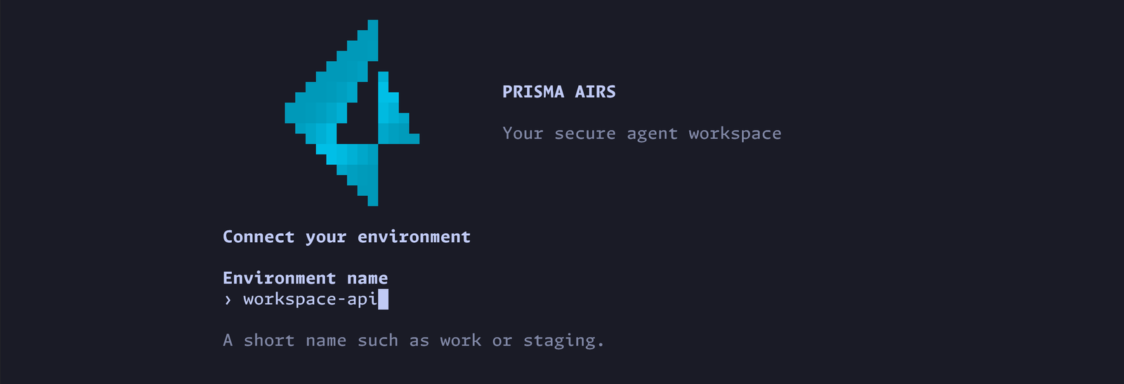 The Connect your environment screen asking for an environment name, with workspace-api filled in.