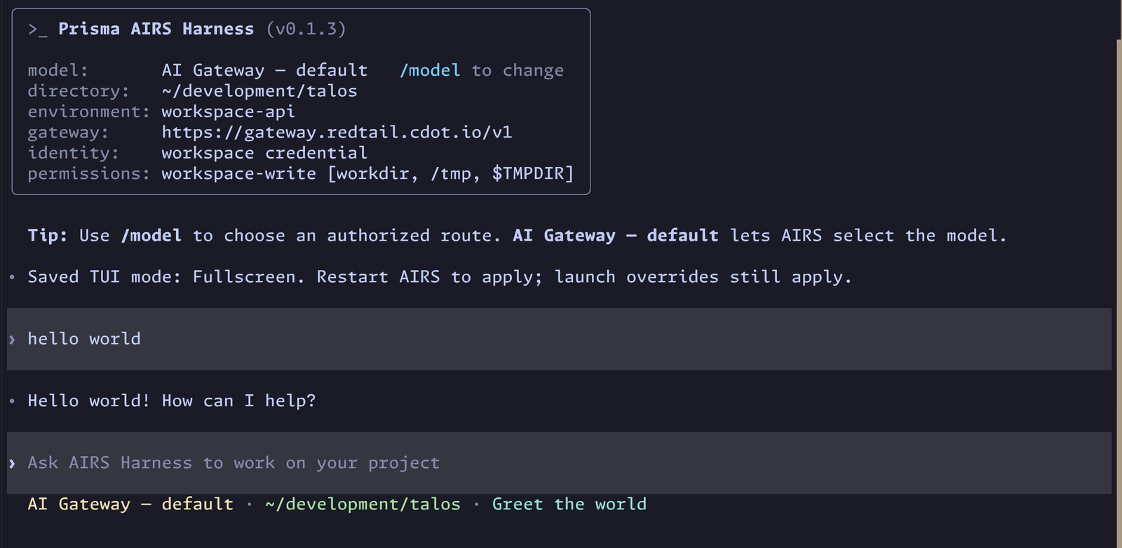 The AIRS session after sending hello world, with the reply Hello world! How can I help?
