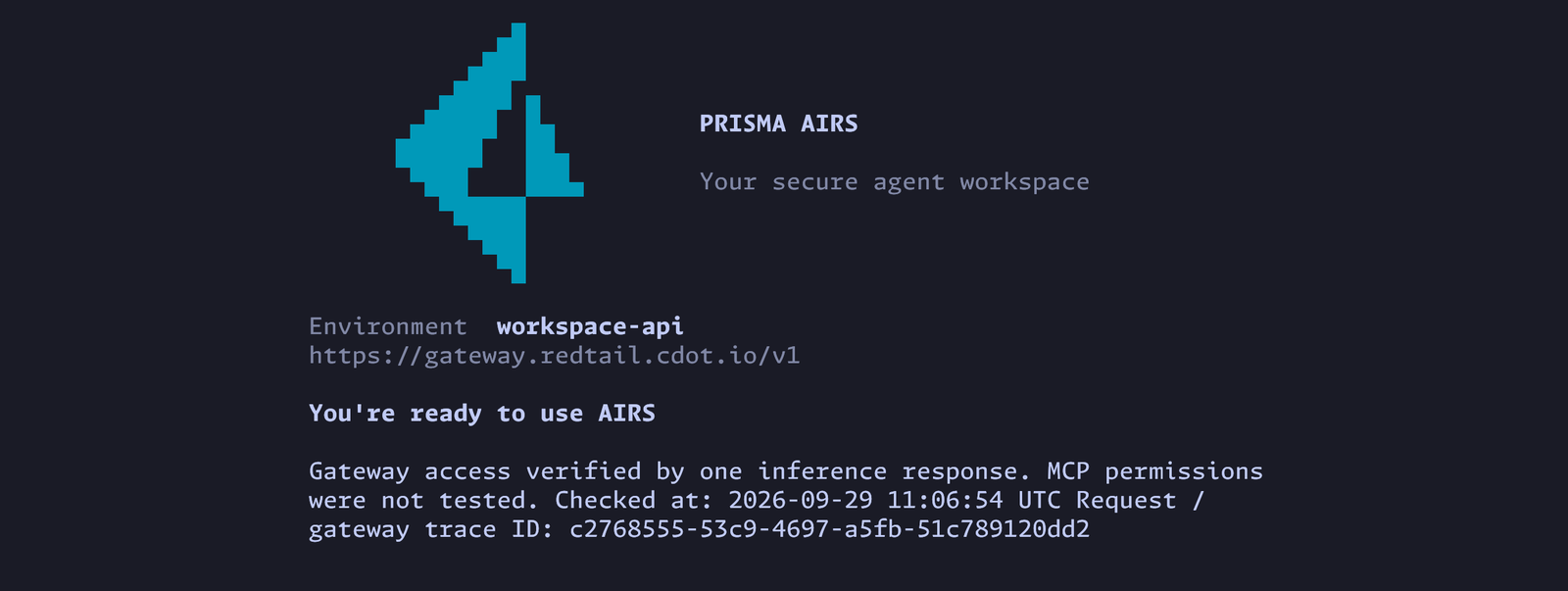 The You're ready to use AIRS screen reporting that gateway access was verified by one inference response, with the time and a trace ID.