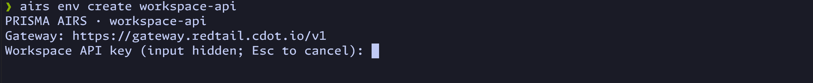 The hidden prompt for a workspace API key, showing the gateway address and an empty input.