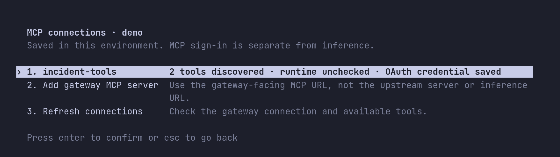 The MCP connections view listing incident-tools as connected with its tool count and a saved OAuth credential.