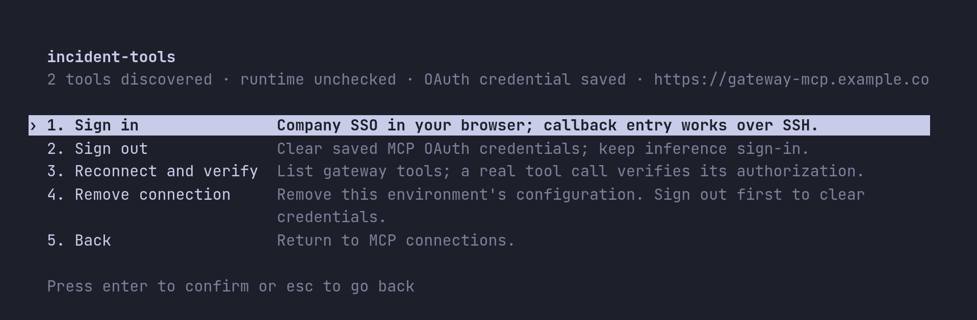 The incident-tools connection menu, with its status and the start of its URL, offering Sign in, Sign out, Reconnect and verify, Remove connection and Back.