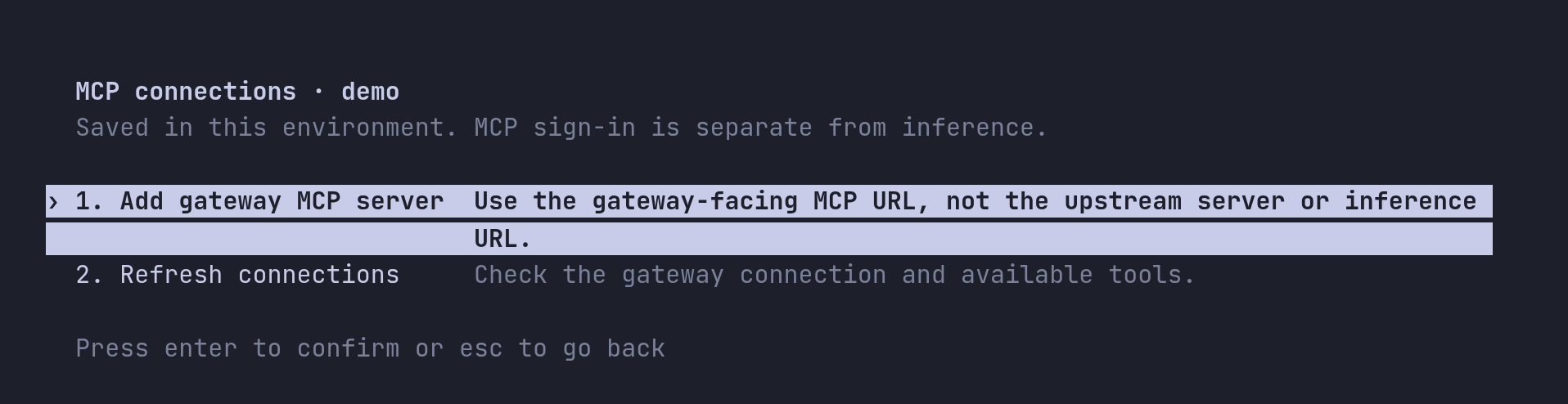 The MCP connections view for environment demo, with no connections, offering Add gateway MCP server and Refresh connections.