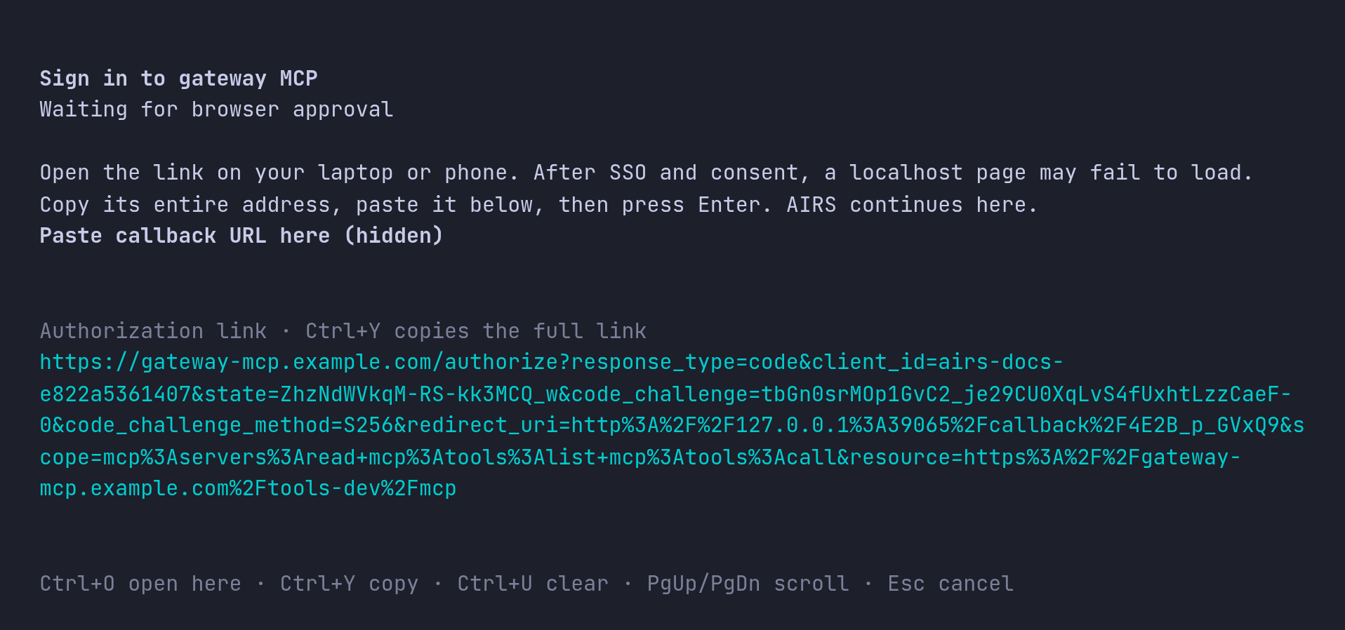 The Sign in to gateway MCP dialog in a session without a local browser, asking to open the link on a laptop or phone and paste the callback URL.