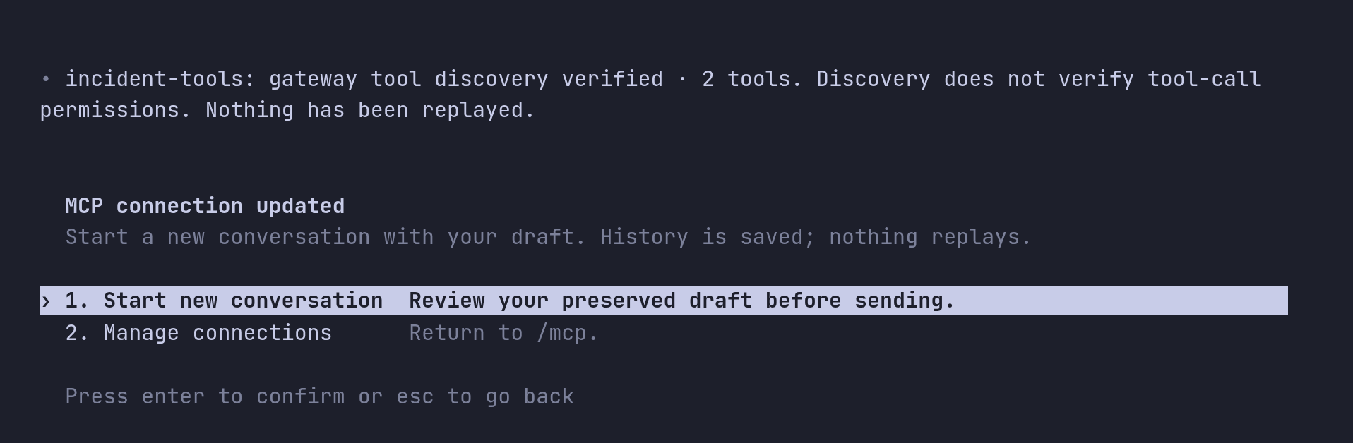 The MCP connection updated menu offering Start new conversation and Manage connections.