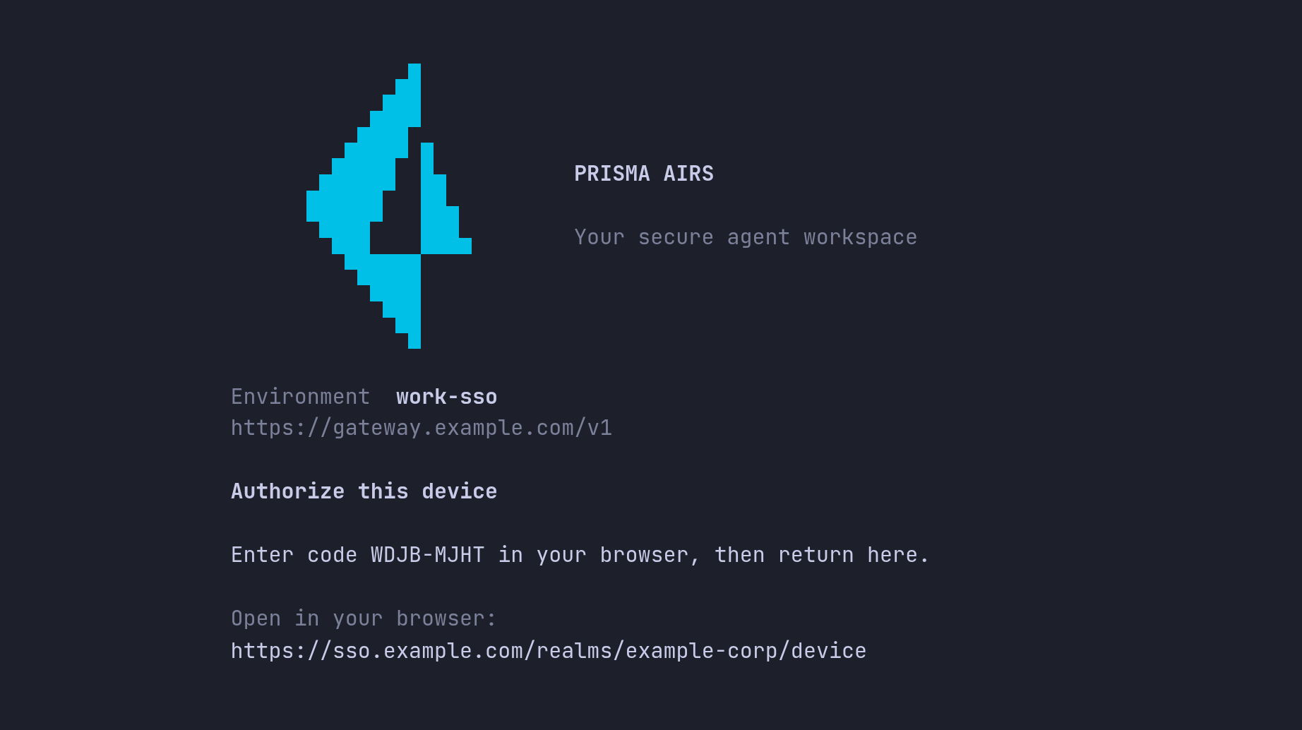 The Authorize this device screen for work-sso, asking to enter code WDJB-MJHT at the realm's device page.