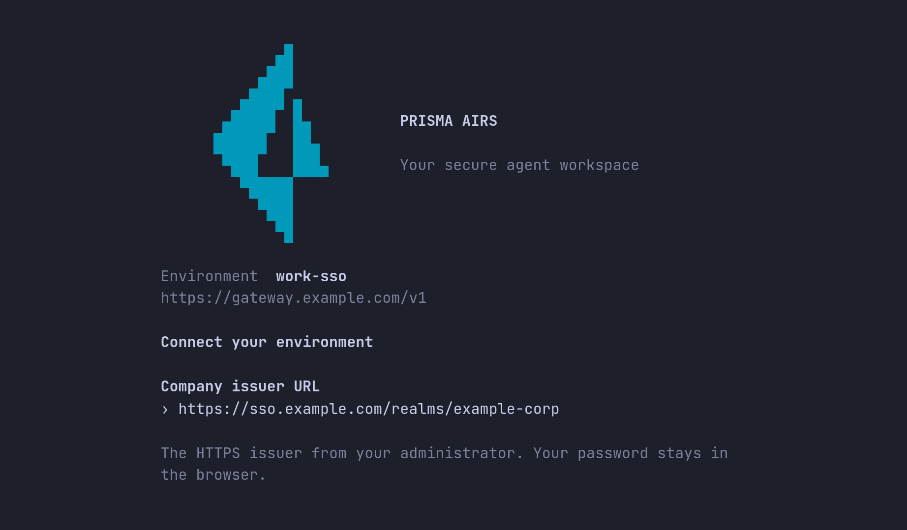 The Company issuer URL screen with https://sso.example.com/realms/example-corp entered.