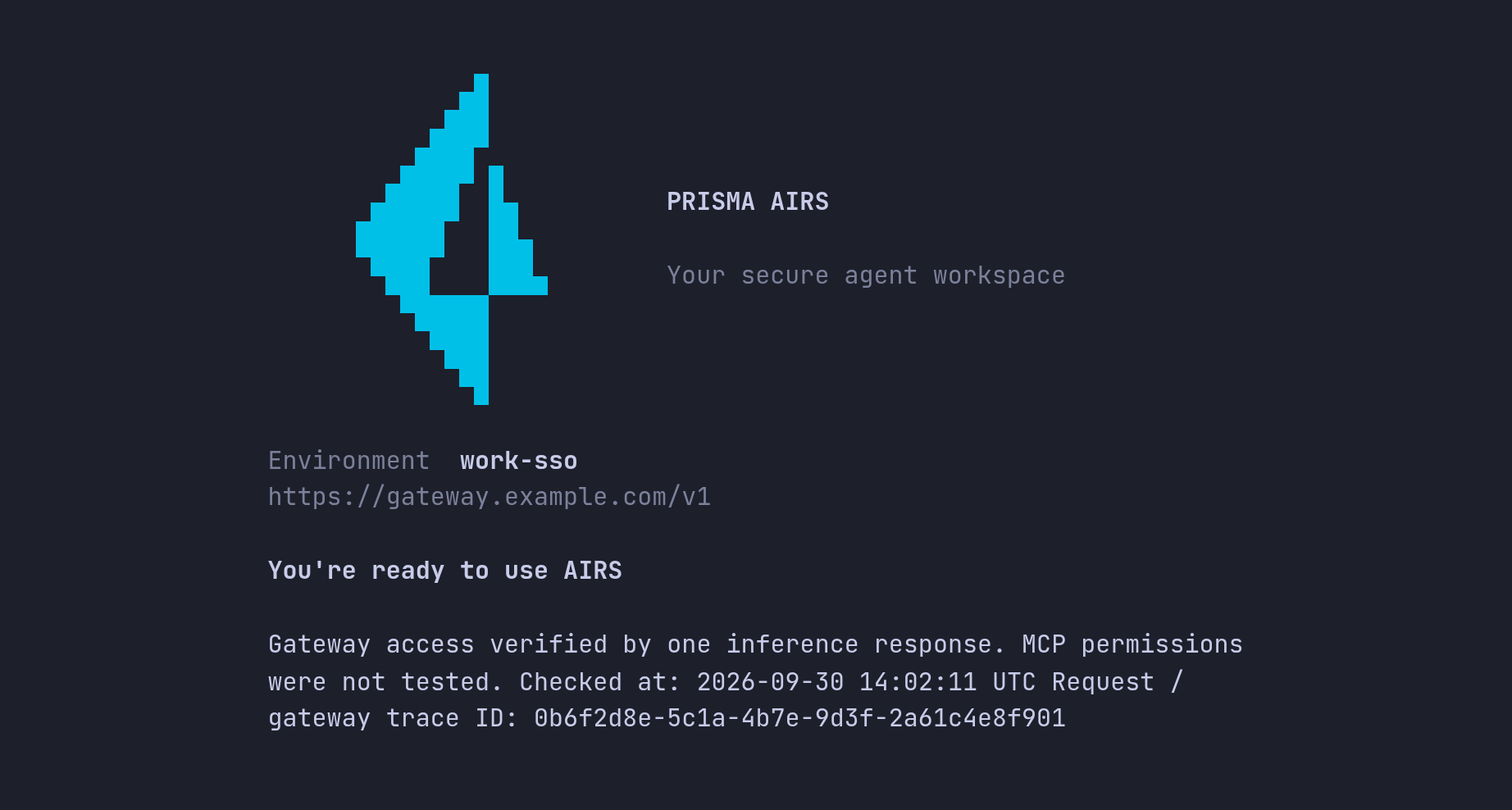 The You're ready to use AIRS screen for work-sso, reporting that gateway access was verified by one inference response, with the time and a trace ID.