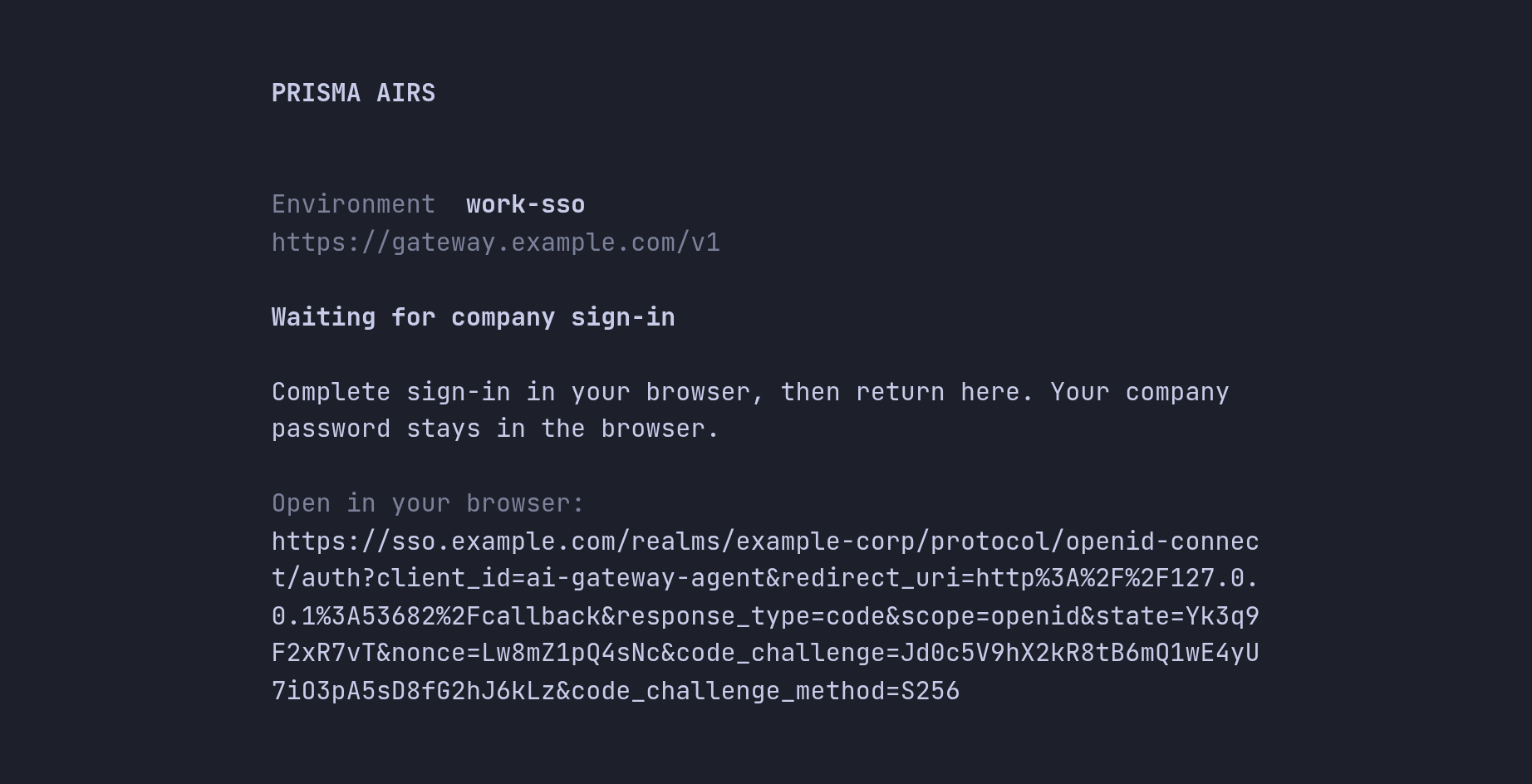 The Waiting for company sign-in screen for work-sso, with the Keycloak authorization link for client ai-gateway-agent, scope openid, PKCE S256 and a 127.0.0.1 callback.