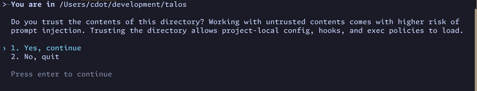 The trust prompt asking whether to trust the contents of the current directory, with Yes, continue selected.