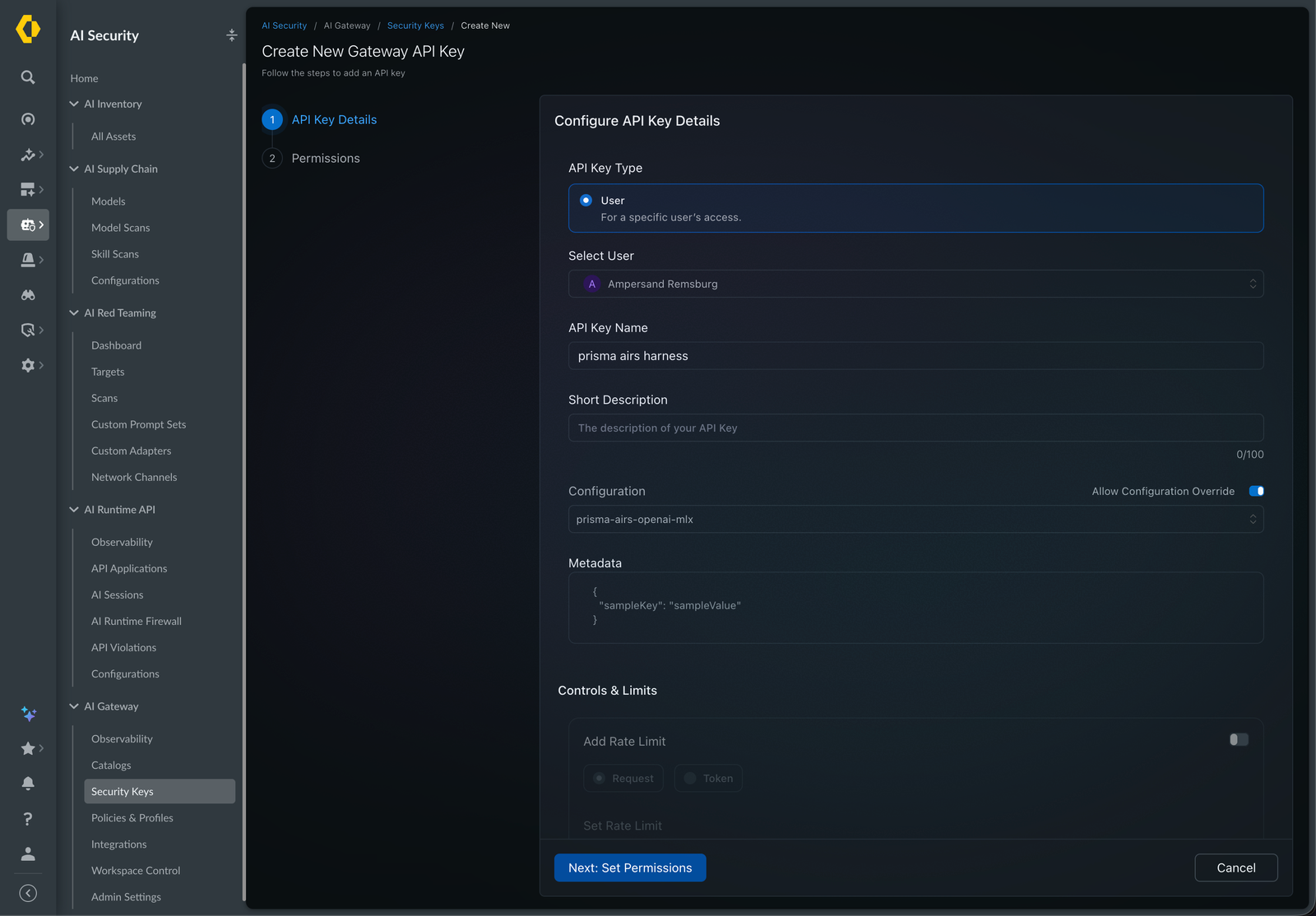 The Create New Gateway API Key page in Strata Cloud Manager, on the API Key Details step, with the key type set to User, a user selected, a key name, and a saved configuration chosen.