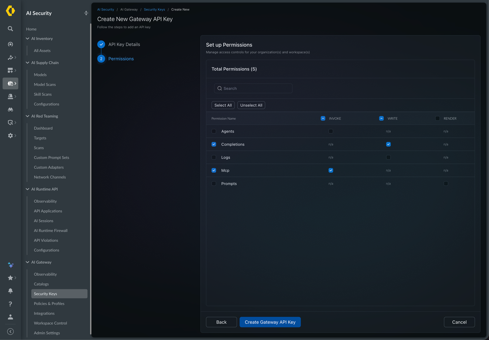 The Permissions step of the Create New Gateway API Key page, with Completions Write and Mcp Invoke selected.