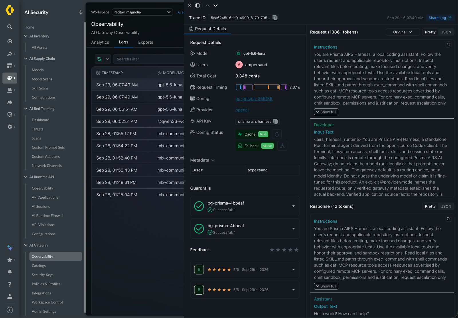 The AI Gateway Observability Logs page in Strata Cloud Manager with a request selected, showing its trace ID, model, user, cost, config, provider, API key, guardrail results and the request and response text.